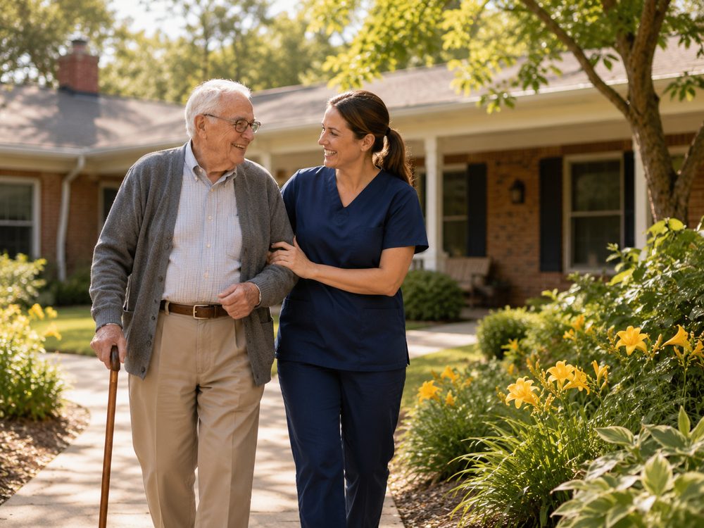 Rest Haven caregiver walking with a resident outside the York PA facility