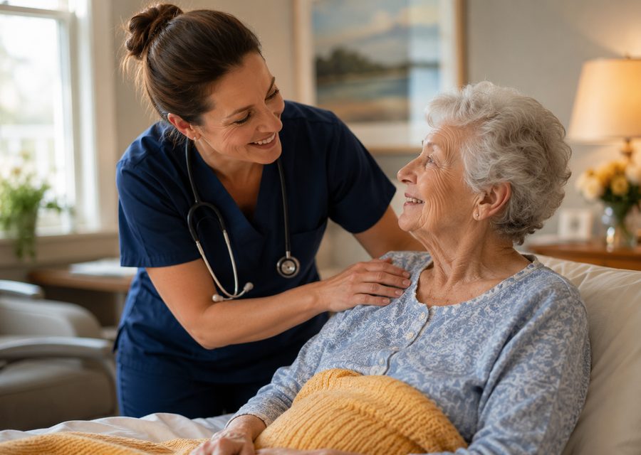 Rest Haven nurse caring for a resident with a warm smile