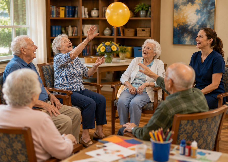 Residents enjoying a group activity in the Rest Haven recreation room
