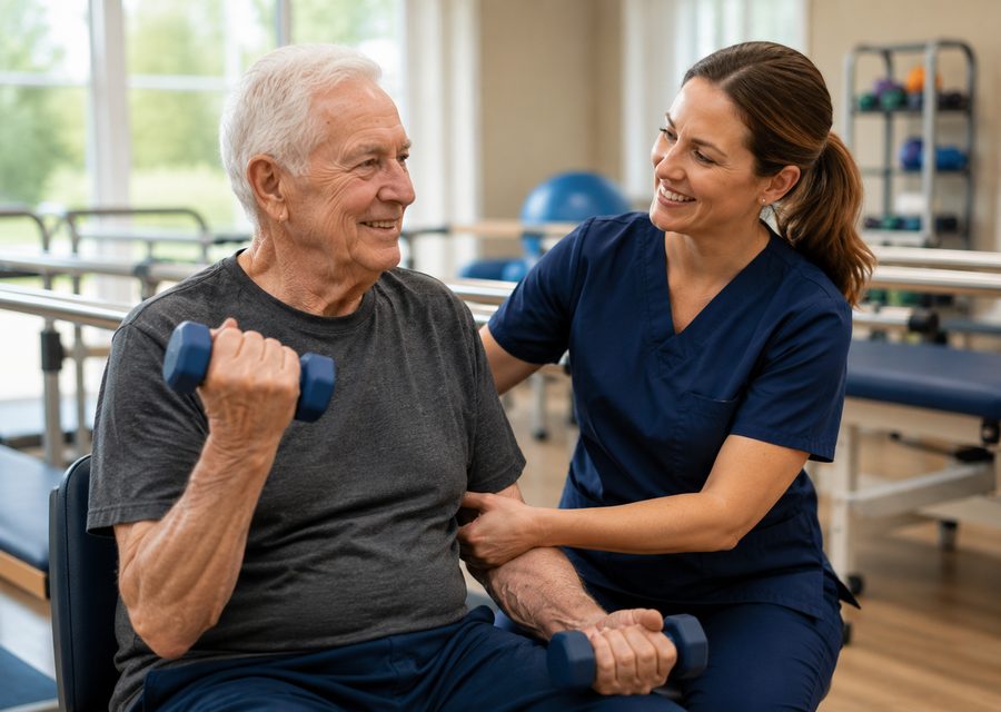 Therapist guiding a Rest Haven resident through physical therapy exercises